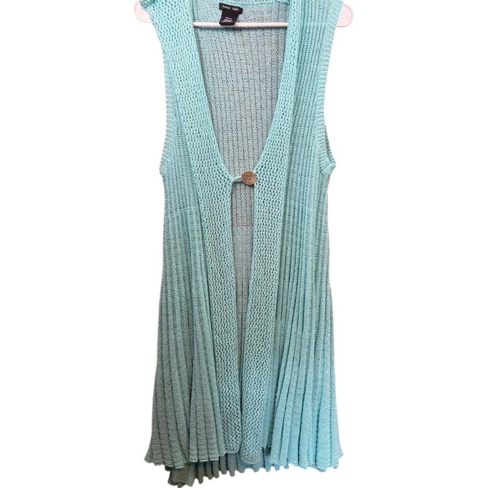 Katie Todd Women Aqua Blue Open Knit Sleeveless Button Cardigan Vest Large B0069